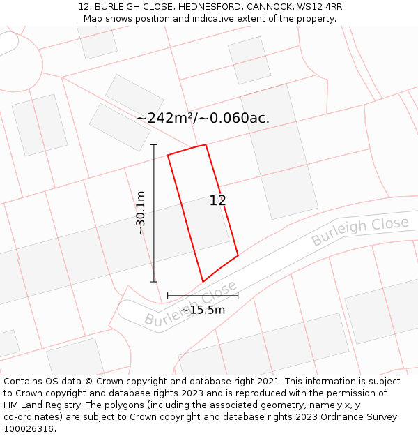 12, BURLEIGH CLOSE, HEDNESFORD, CANNOCK, WS12 4RR: Plot and title map