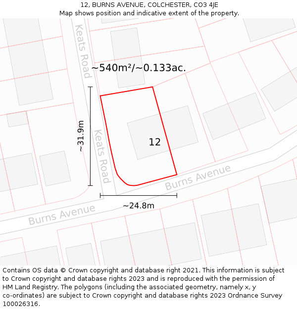 12, BURNS AVENUE, COLCHESTER, CO3 4JE: Plot and title map