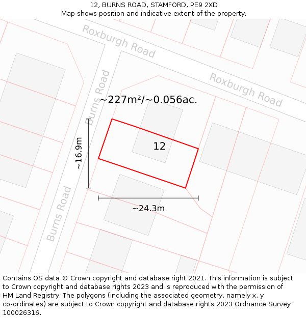 12, BURNS ROAD, STAMFORD, PE9 2XD: Plot and title map