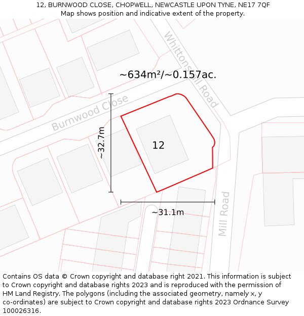 12, BURNWOOD CLOSE, CHOPWELL, NEWCASTLE UPON TYNE, NE17 7QF: Plot and title map