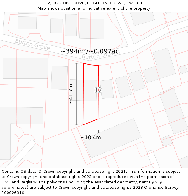 12, BURTON GROVE, LEIGHTON, CREWE, CW1 4TH: Plot and title map