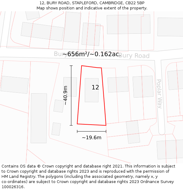 12, BURY ROAD, STAPLEFORD, CAMBRIDGE, CB22 5BP: Plot and title map