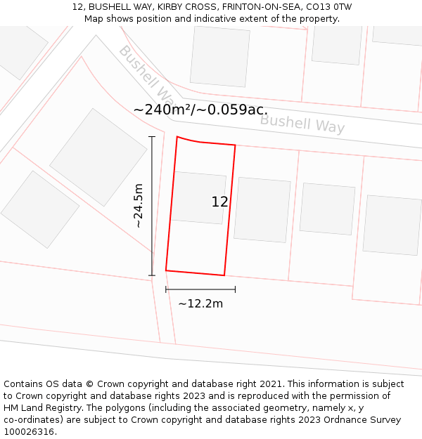 12, BUSHELL WAY, KIRBY CROSS, FRINTON-ON-SEA, CO13 0TW: Plot and title map
