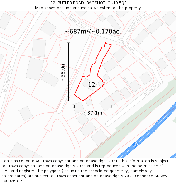 12, BUTLER ROAD, BAGSHOT, GU19 5QF: Plot and title map