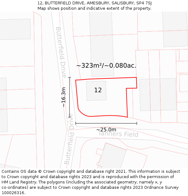 12, BUTTERFIELD DRIVE, AMESBURY, SALISBURY, SP4 7SJ: Plot and title map