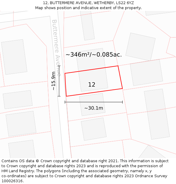 12, BUTTERMERE AVENUE, WETHERBY, LS22 6YZ: Plot and title map