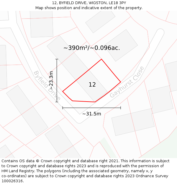 12, BYFIELD DRIVE, WIGSTON, LE18 3PY: Plot and title map