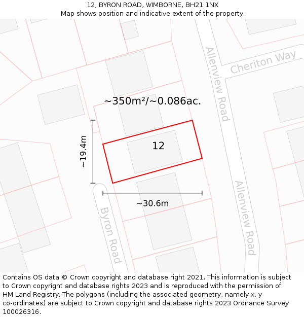 12, BYRON ROAD, WIMBORNE, BH21 1NX: Plot and title map