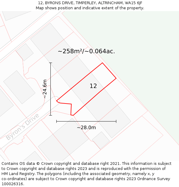 12, BYRONS DRIVE, TIMPERLEY, ALTRINCHAM, WA15 6JF: Plot and title map