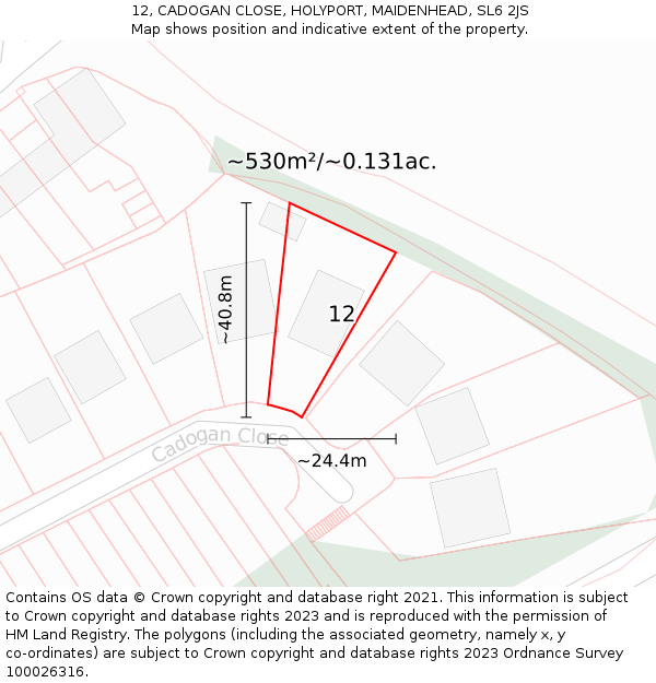 12, CADOGAN CLOSE, HOLYPORT, MAIDENHEAD, SL6 2JS: Plot and title map