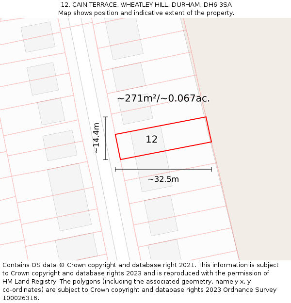 12, CAIN TERRACE, WHEATLEY HILL, DURHAM, DH6 3SA: Plot and title map