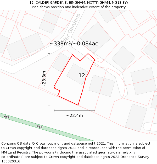 12, CALDER GARDENS, BINGHAM, NOTTINGHAM, NG13 8YY: Plot and title map