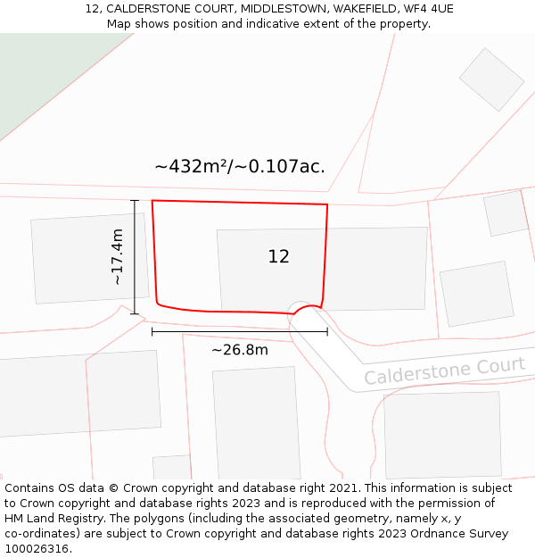 12, CALDERSTONE COURT, MIDDLESTOWN, WAKEFIELD, WF4 4UE: Plot and title map