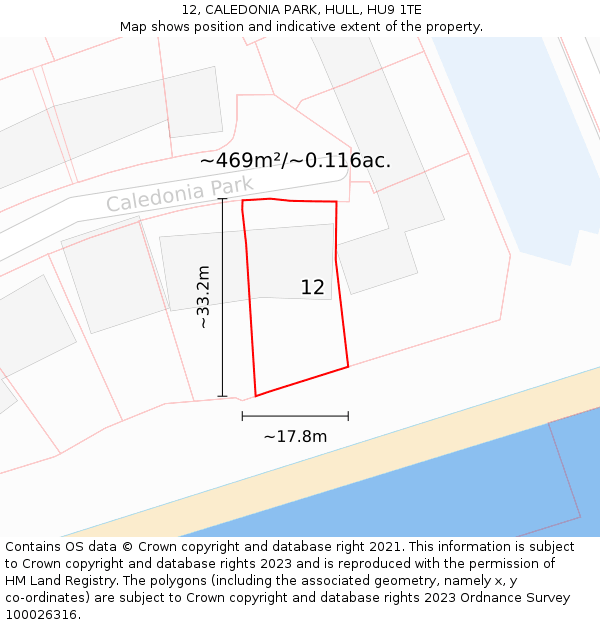 12, CALEDONIA PARK, HULL, HU9 1TE: Plot and title map