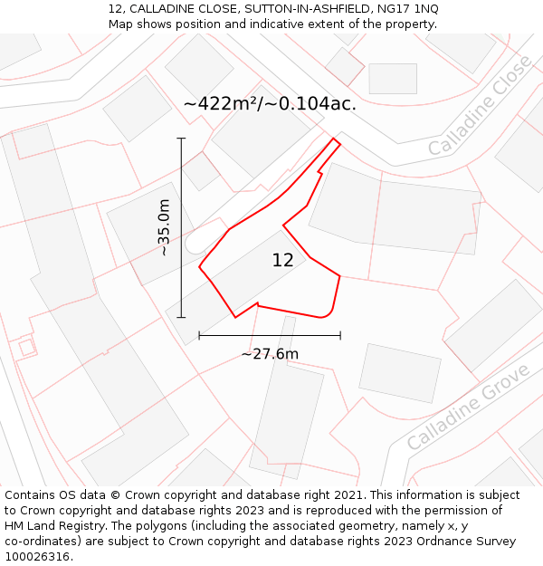 12, CALLADINE CLOSE, SUTTON-IN-ASHFIELD, NG17 1NQ: Plot and title map