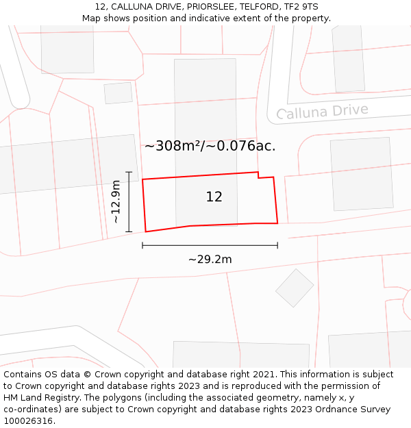 12, CALLUNA DRIVE, PRIORSLEE, TELFORD, TF2 9TS: Plot and title map