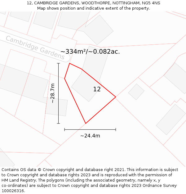 12, CAMBRIDGE GARDENS, WOODTHORPE, NOTTINGHAM, NG5 4NS: Plot and title map