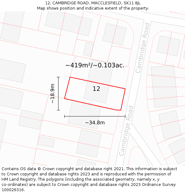 12, CAMBRIDGE ROAD, MACCLESFIELD, SK11 8JL: Plot and title map