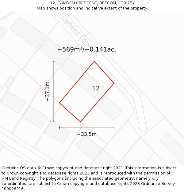 12, CAMDEN CRESCENT, BRECON, LD3 7BY: Plot and title map