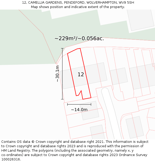 12, CAMELLIA GARDENS, PENDEFORD, WOLVERHAMPTON, WV9 5SH: Plot and title map