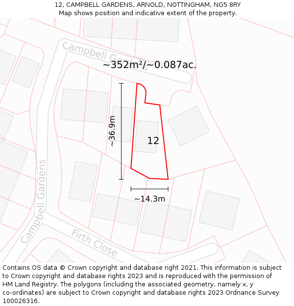 12, CAMPBELL GARDENS, ARNOLD, NOTTINGHAM, NG5 8RY: Plot and title map