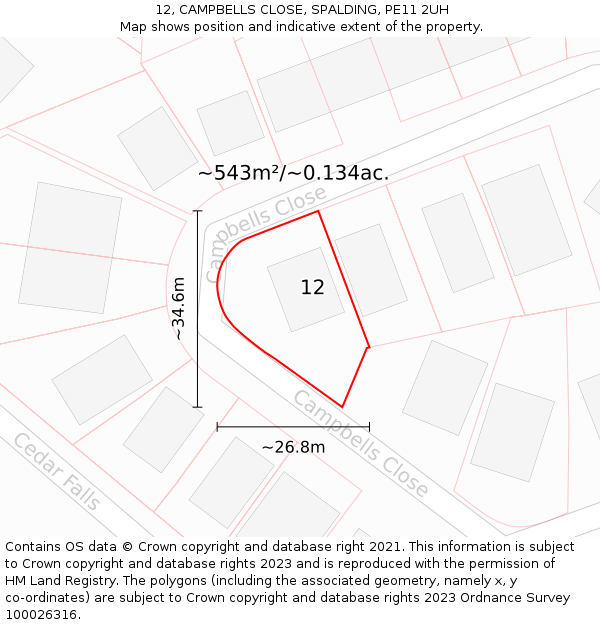 12, CAMPBELLS CLOSE, SPALDING, PE11 2UH: Plot and title map