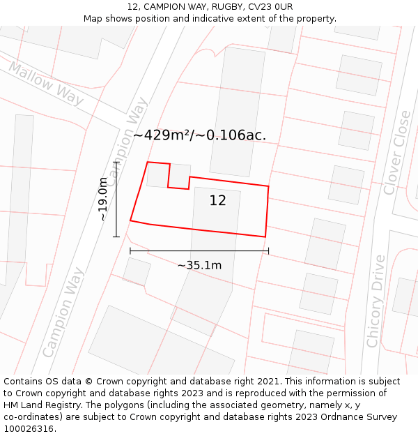 12, CAMPION WAY, RUGBY, CV23 0UR: Plot and title map