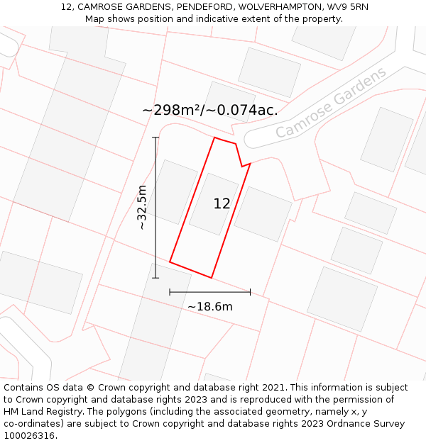 12, CAMROSE GARDENS, PENDEFORD, WOLVERHAMPTON, WV9 5RN: Plot and title map