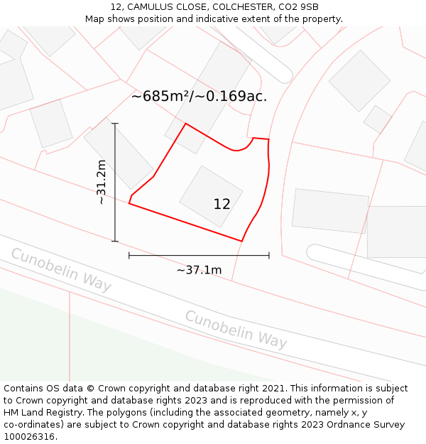 12, CAMULUS CLOSE, COLCHESTER, CO2 9SB: Plot and title map