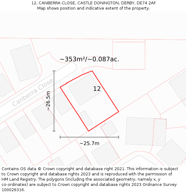 12, CANBERRA CLOSE, CASTLE DONINGTON, DERBY, DE74 2AF: Plot and title map