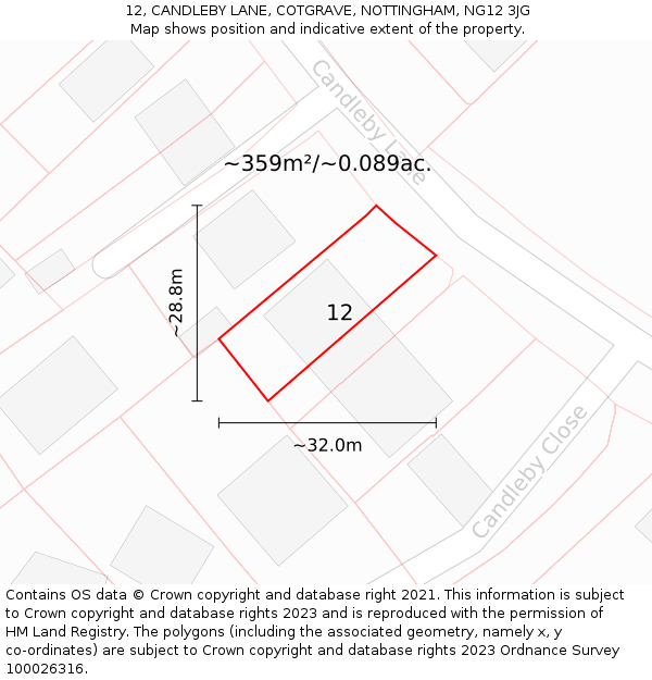 12, CANDLEBY LANE, COTGRAVE, NOTTINGHAM, NG12 3JG: Plot and title map