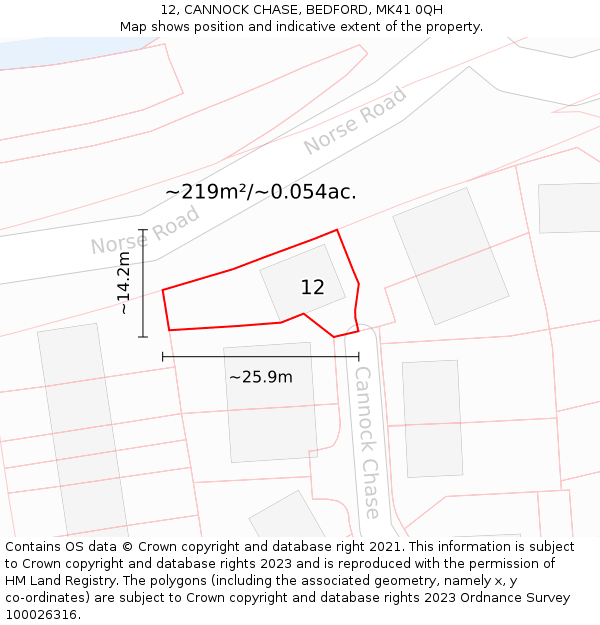 12, CANNOCK CHASE, BEDFORD, MK41 0QH: Plot and title map