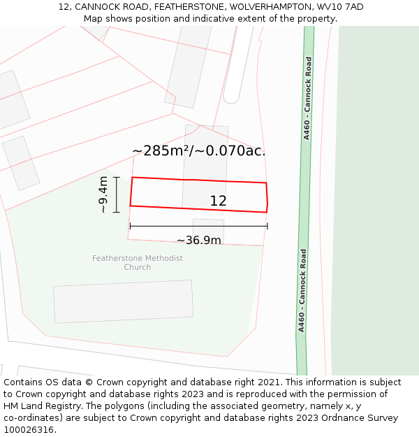 12, CANNOCK ROAD, FEATHERSTONE, WOLVERHAMPTON, WV10 7AD: Plot and title map