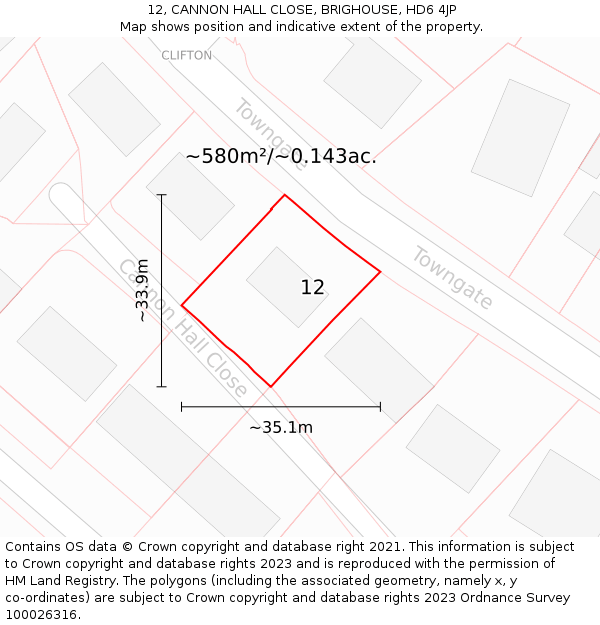 12, CANNON HALL CLOSE, BRIGHOUSE, HD6 4JP: Plot and title map