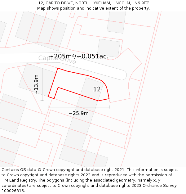 12, CAPITO DRIVE, NORTH HYKEHAM, LINCOLN, LN6 9FZ: Plot and title map