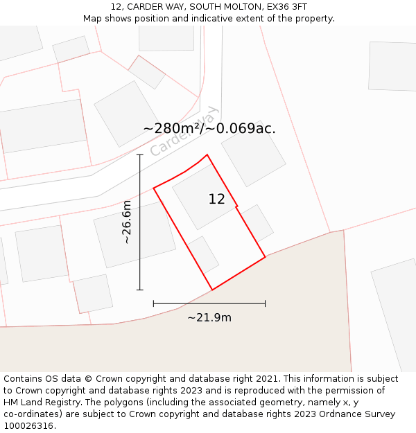 12, CARDER WAY, SOUTH MOLTON, EX36 3FT: Plot and title map