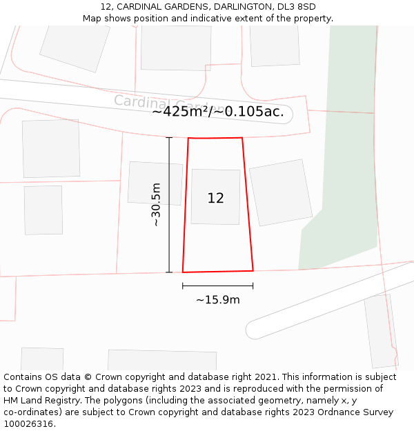 12, CARDINAL GARDENS, DARLINGTON, DL3 8SD: Plot and title map