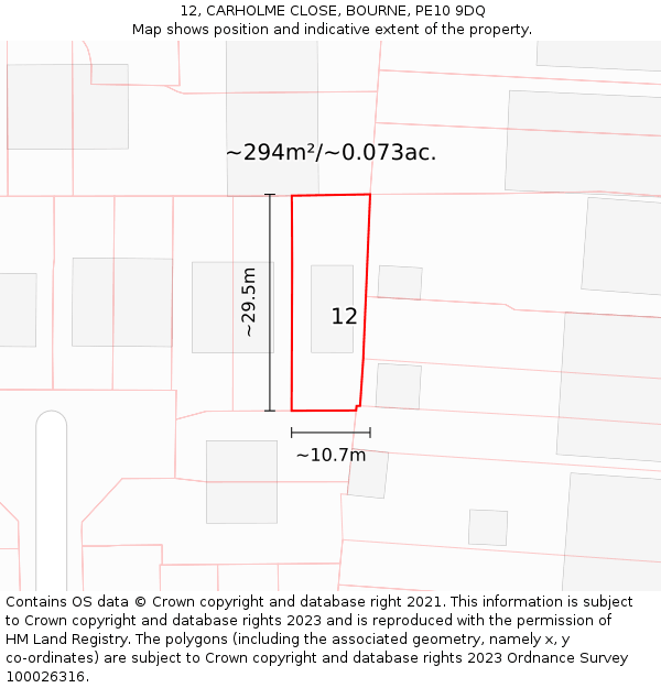 12, CARHOLME CLOSE, BOURNE, PE10 9DQ: Plot and title map