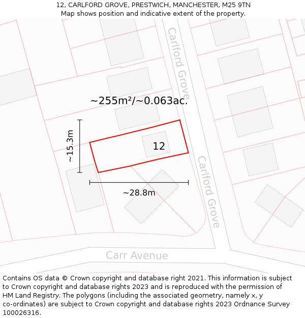 12, CARLFORD GROVE, PRESTWICH, MANCHESTER, M25 9TN: Plot and title map