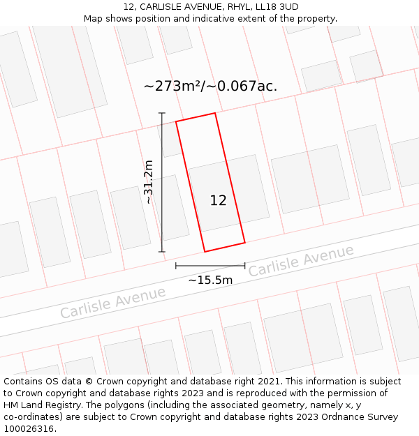 12, CARLISLE AVENUE, RHYL, LL18 3UD: Plot and title map