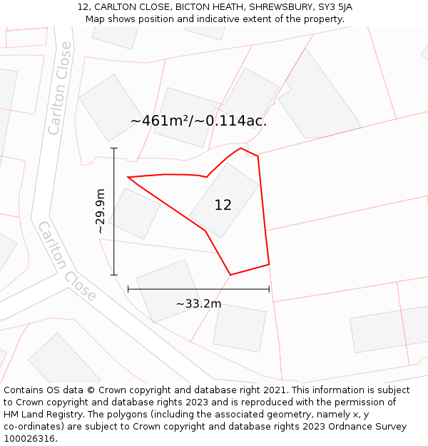 12, CARLTON CLOSE, BICTON HEATH, SHREWSBURY, SY3 5JA: Plot and title map