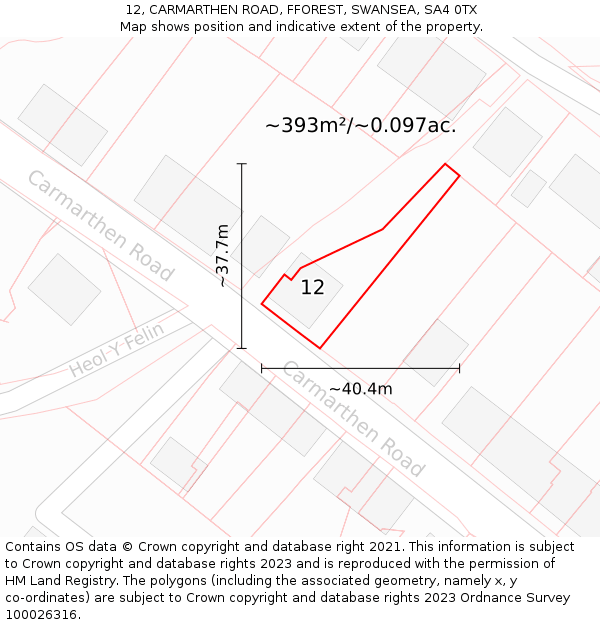 12, CARMARTHEN ROAD, FFOREST, SWANSEA, SA4 0TX: Plot and title map