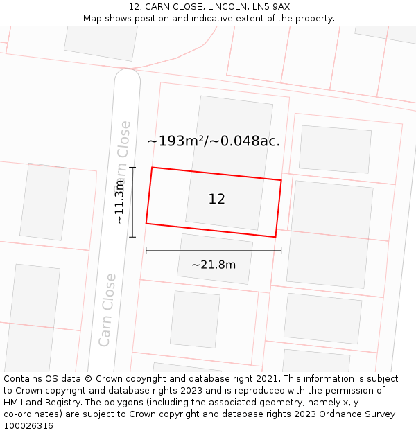 12, CARN CLOSE, LINCOLN, LN5 9AX: Plot and title map