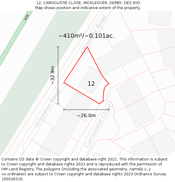 12, CARNOUSTIE CLOSE, MICKLEOVER, DERBY, DE3 9YD: Plot and title map