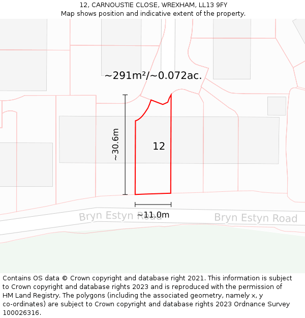 12, CARNOUSTIE CLOSE, WREXHAM, LL13 9FY: Plot and title map