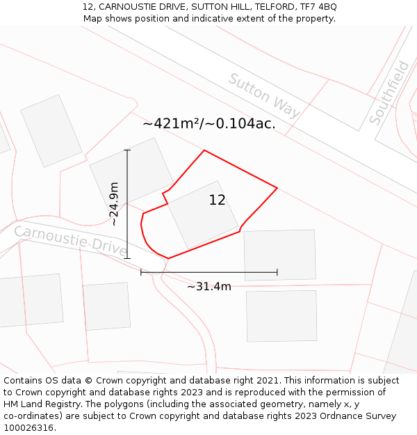 12, CARNOUSTIE DRIVE, SUTTON HILL, TELFORD, TF7 4BQ: Plot and title map