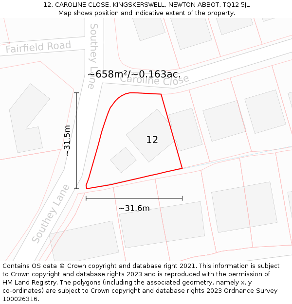 12, CAROLINE CLOSE, KINGSKERSWELL, NEWTON ABBOT, TQ12 5JL: Plot and title map