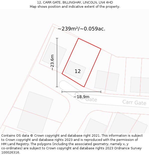 12, CARR GATE, BILLINGHAY, LINCOLN, LN4 4HD: Plot and title map