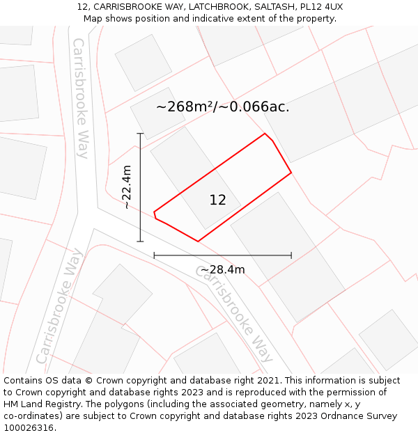 12, CARRISBROOKE WAY, LATCHBROOK, SALTASH, PL12 4UX: Plot and title map