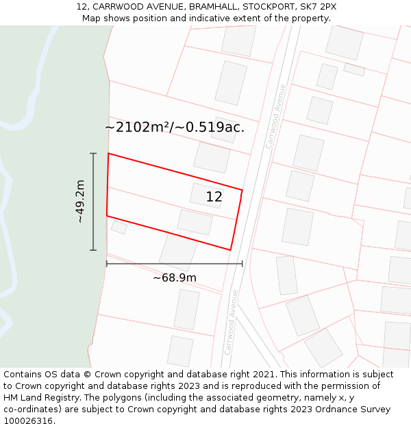 12, CARRWOOD AVENUE, BRAMHALL, STOCKPORT, SK7 2PX: Plot and title map